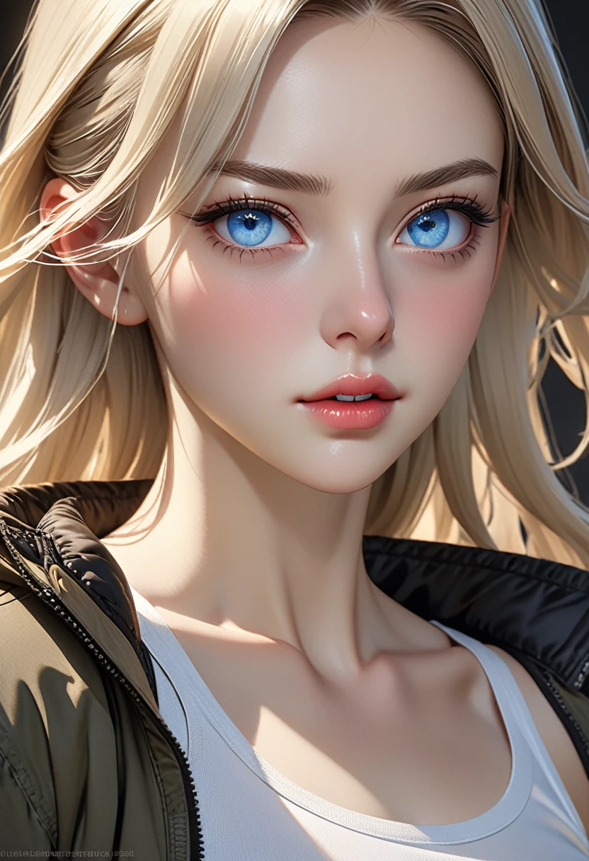 ((realistic)), ((best quality)), ((artwork)), ((extremely detailed face)), ((perfect lighting)), ((extremely detailed CG)), ((perfect hands)), ((perfect ???????)), Appearance= Average, slender, fair skin, exquisite features, elegant brows, high cheeks, straight tall nose, thin lips, sharp chin; pale-blue eyes; long, flowing ash-blonde hair; Personality= Hyperactive, determined, naughty, smart Occupation= Contractor Clothing= Black tactical pants, tight tank top, bomber jacket, combat boots.]