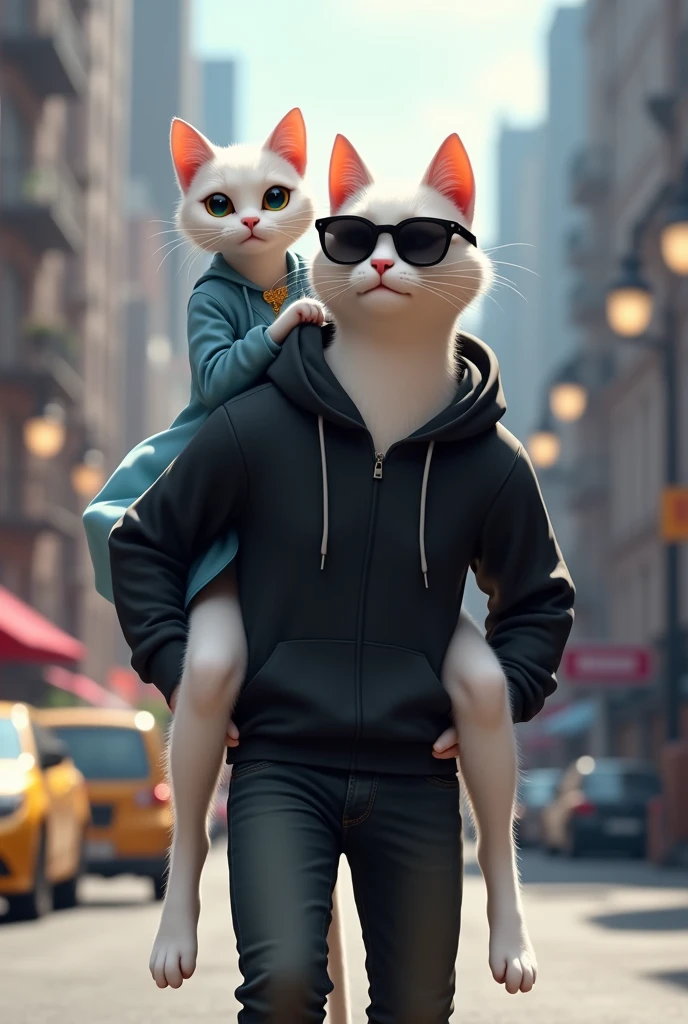  tall beautiful white cat dressed in plain blue frock is given piggy ride by  tall 
white cat dressed in black hoodie and black jeans with black glasse on back in street