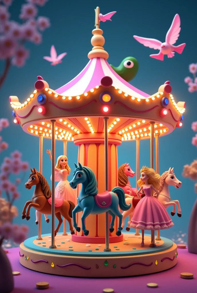 Magic Carousel, but all horses are different. They will be: one will be a surfer, another a cucumber, another will be Sonic, another will be a princess, the other will be Barbie.