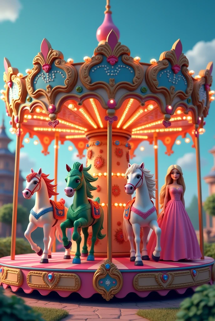 Magic Carousel, but all horses are different. They will be: one will be a surfer, another a cucumber, another will be Sonic, another will be a princess, the other will be Barbie.