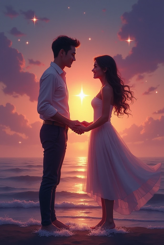 A serene and romantic painting capturing the essence of love. A couple stands close together under a twilight sky, their silhouettes softly illuminated by the glow of the setting sun. The man's hand gently cups the woman's face, their eyes locked in a loving gaze that symbolizes 'my heart finds home.' A soft light surrounds them, creating a protective aura, representing 'my shelter in the dark of night.' Gentle waves lap at their feet, adding to the serene atmosphere of peace. In the background, a brilliant star shines brightly, embodying 'my shining star.' The couple's intertwined fingers create a small, glowing heart between them, symbolizing their shared 'burning fire.' The color palette is soft, with hues of lavender, pink, and gold, reflecting the warmth and deep connection of their love