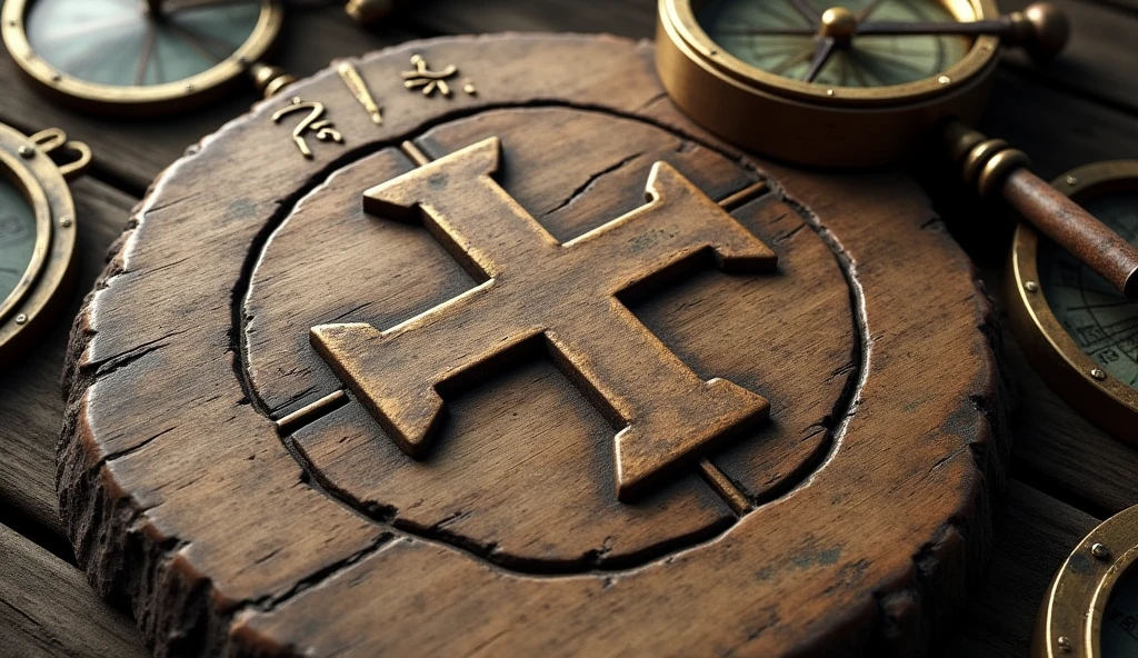 An image of a Maltese cross engraved into a piece of wood, placed next to a compass or navigation tools, symbolizing the instructions left by White and the intended signal of distress.