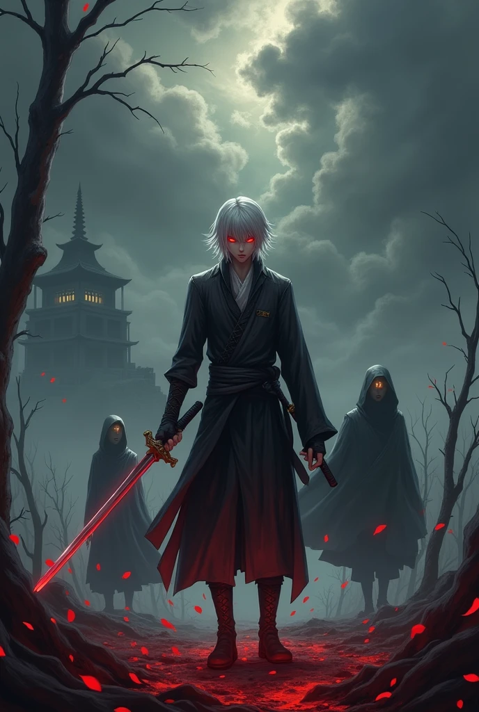 **book cover: "yuki: Ashes of a Broken Heart - Part 2"**
The cover for this second part of the season should evoke a sense of impending revenge and mystery., with a dark touch that reflects the more serious tone of the narrative.
**Setting and Environment:**
The main scene takes place in a devastated field, where the shadows of the burned and fallen trees suggest a place that witnessed a recent battle. The sky, covered by dark clouds and distant lightning, adds a tense atmosphere, suggesting that a storm is about to begin, both literally and metaphorically. Ao fundo, the ruins of a partially destroyed temple can be seen, representing the fall of the old alliances and the desolation caused by the Shakimonos.
**Personagens:**
- **Yukigami:** Positioned in the center of the cover, Yukigami stands out with his determined and vengeful stance.. Her straight white hair is slightly fluttering in the wind of the approaching storm., as his glowing red eyes emanate a menacing intensity. He holds his sword, now shrouded in a dark aura, symbolizing the growing power within him and his unwavering determination to seek revenge. Seu traje, in shades of black and dark gray, is slightly worn, with tears that reveal the scars of previous battles.
- **Shizuru:** In the right corner, Shizuru appears in a defiant pose, wielding his sword with confidence. Your face is serious, and his gaze demonstrates the strength and brutality he possesses. Around her, razor-sharp rose petals float, creating a contrast between his calm appearance and the deadly nature of his abilities.
- **Ryu:** On the left side, Ryu's figure begins to emerge from the shadows, Wrapped in a dark cloak, only partially visible, with his mysterious eyes shining in a golden hue. The background around Ryu appears distorted, indicating that he is a figure shrouded in secrets, not yet fully revealed