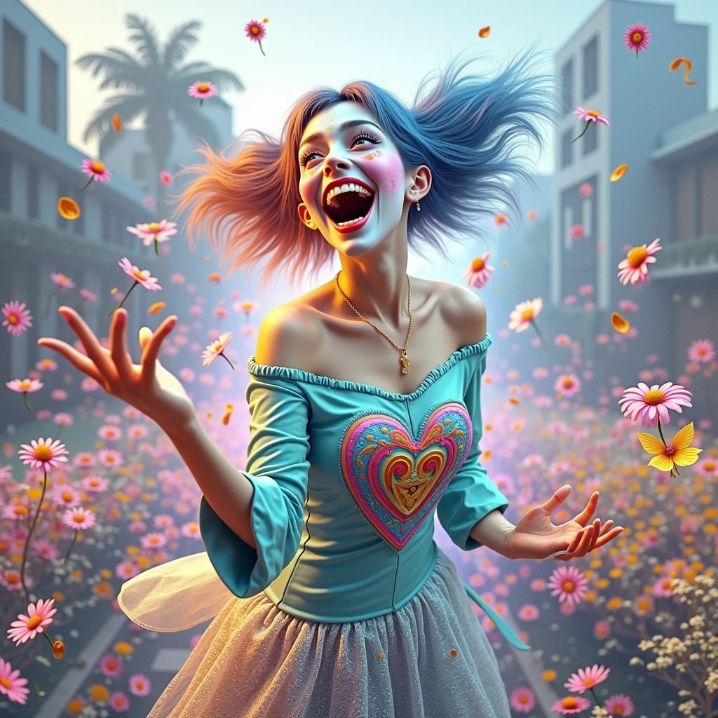 a young lady,displaying her own power.((laughing,trickster,theatrical,madness, jestering)),((pale blue, dark blue, red, rainbow colours)),(( Full figure wiew)). ((Three quarter wiew)),((deep wiew)),modern suburbs scenario background,photographic,ultra high resolution,hyperdetailed, masterpiece, 3d modelling, digital art.