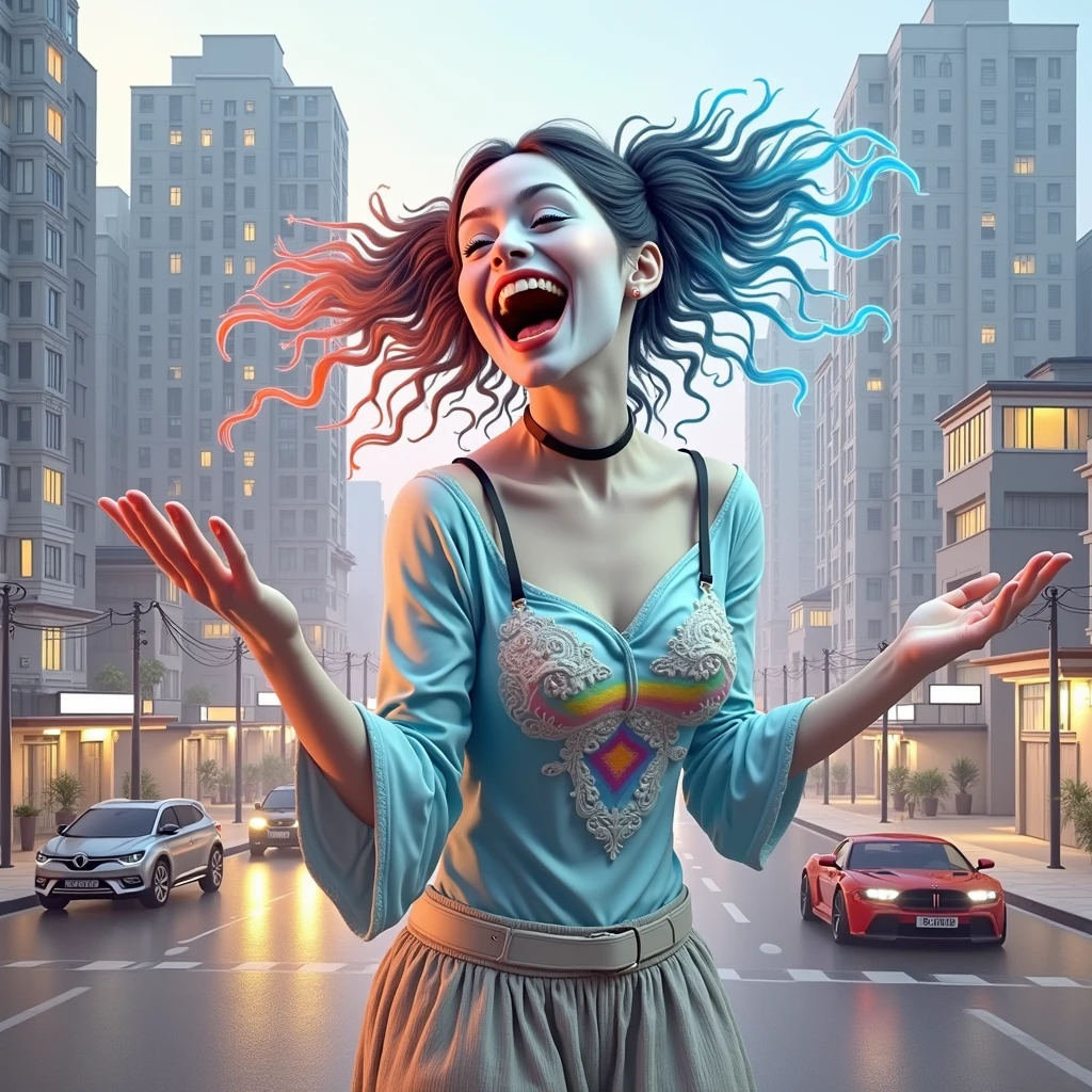 a young lady,displaying her own power.((laughing,trickster,theatrical,madness, jestering)),((pale blue, dark blue, red, rainbow colours)),(( Full figure wiew)). ((Three quarter wiew)),((deep wiew)),modern suburbs scenario background,photographic,ultra high resolution,hyperdetailed, masterpiece, 3d modelling, digital art.