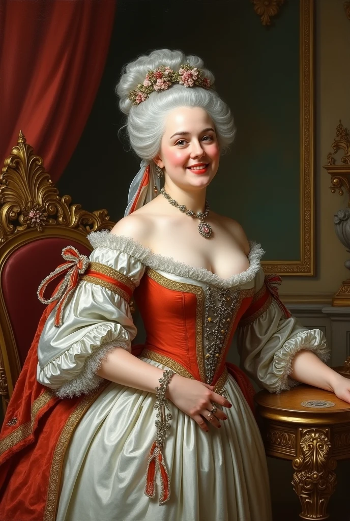 Marie-Antoinette, the french queen with white hair looking happy in Versailles, big boobs
