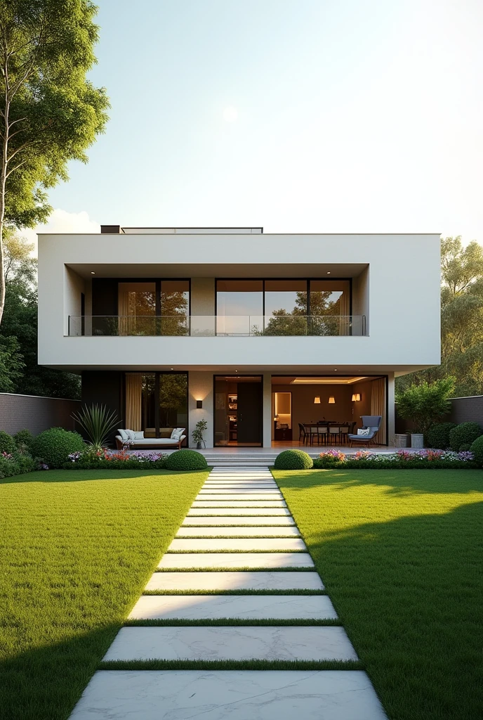 A modern minimalist home with a spacious, luxurious front yard. The facade is sleek and simple, with clean lines and a neutral color palette. The landscaping is meticulously manicured, with lush green lawns, vibrant flowers, and elegant stone pathways. The home is bathed in soft, warm sunlight, creating a sense of tranquility and sophistication. The ultra-realistic details, including the intricate brickwork, the shimmering glass windows, and the perfectly sculpted hedges, make the scene come alive. The cinematic composition, with the home positioned in the center of the frame and the expansive yard extending out towards the horizon, creates a sense of grandeur and scale. The 8k resolution ensures that every detail, from the delicate patterns in the stonework to the individual blades of grass, is captured with breathtaking clarity. This is a picture of luxury and refinement, a testament to the power of minimalist design.