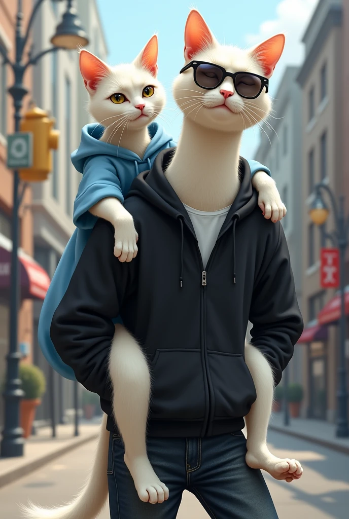  tall beautiful white cat dressed in plain blue frock is given piggy ride by  tall 
white cat dressed in black hoodie and black jeans with black glasse on back in street