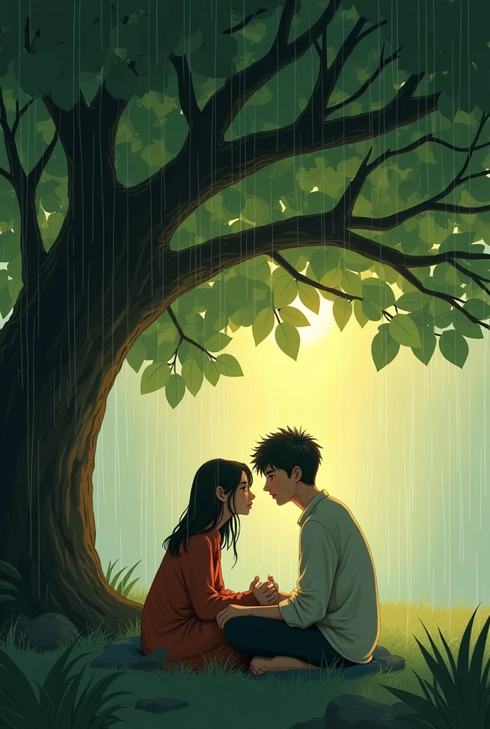 Sharing Feelings:
Scene: Sākṣī and Ākāś talking and sharing their feelings under the Peepal tree.
Prompt: "A heartfelt conversation between a girl and a boy sitting under the Peepal tree. The rain is gently falling around them, creating a romantic and intimate atmosphere."