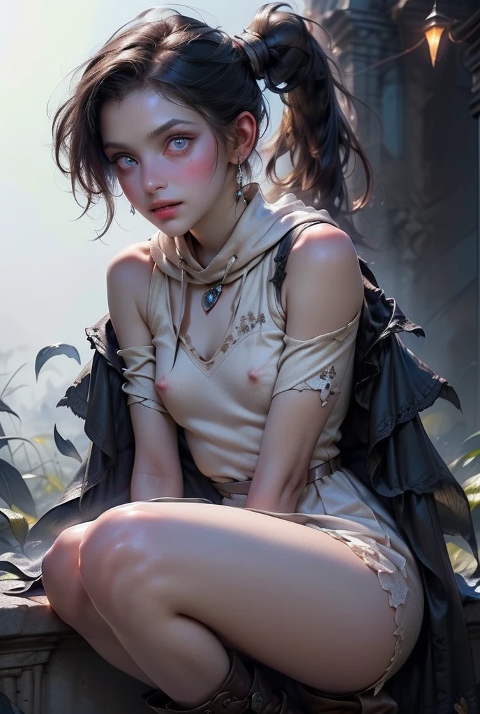 ((best quality)), ((masterpiece)), (detailed), perfect face (((masterpiece, of the highest quality, super detailed))), hand drawn style, hand painted style, watercolour, sketch, a knight, white background, plain background, Bloodborne inspired, tatty Bloodborne attire, occult aesthetic, occult, tatty red and white clothing detailed and intricate steampunk and detailed gothic (with a hood), long coat, Complex laced boots, Fluttering lace flared long knee length dress with frilly petticoats, long dress, knee length dress, pleated petticoats, lolita, petticoats gothic lolita aesthbeautiful small breasts, (((flat c1))), (((( Highly detailed face))), small thin nose, Small thin lips mouth, (((Very sharp focused eyes))), Very large slit precision pale grey eyes that shine like jewels. (looking here), (resolved expression), (resolute expression), ((dark hair)), ((long ponytail, thick ponytail, heavy ponytail)), very long eyelashes, white background, Very dramatic and cinematic lighting, tatty damaged old red and white clothing, full body, whole body, body, ((NSFW))