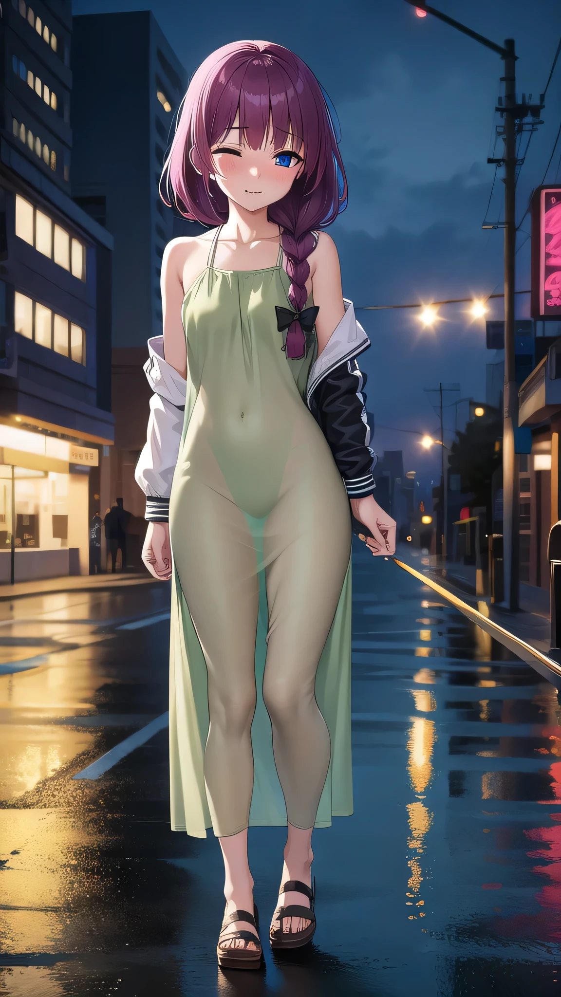 BREAK looking at viewer, BREAK (masterpiece:1.2), best quality, high resolution, unity 8k wallpaper, (illustration:0.8), (beautiful detailed eyes:1.6), extremely detailed face, perfect lighting, extremely detailed CG, (perfect hands, perfect anatomy),city,buildings,street, neon lights,wet road,reflections,night,kikuri hiroi, black bow, blunt bangs, braid, closed eyes, fang, hair bow, hair over shoulder, long hair, purple hair, sidelocks, single braid,small breasts,
black jacket, brown footwear, collarbone, wet dress, green dress, jacket, long sleeves, open clothes, open jacket, raglan sleeves, white sleeves,upper body, nipples see through.