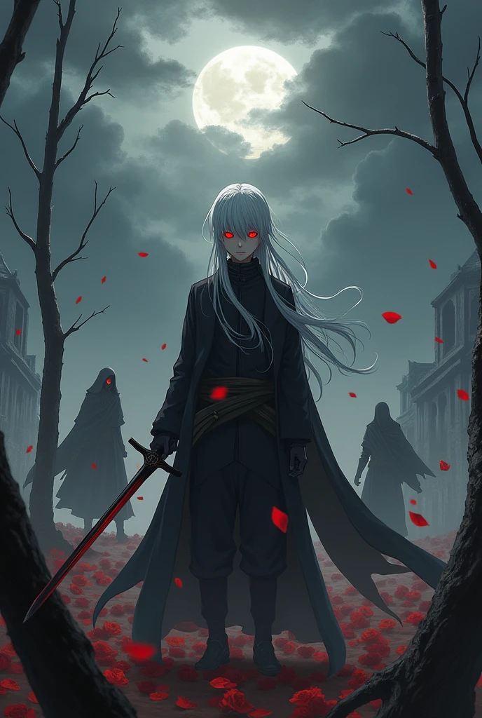 **book cover: "yuki: Ashes of a Broken Heart - Part 2"**
The cover for this second part of the season should evoke a sense of impending revenge and mystery., with a dark touch that reflects the more serious tone of the narrative.
**Setting and Environment:**
The main scene takes place in a devastated field, where the shadows of the burned and fallen trees suggest a place that witnessed a recent battle. The sky, covered by dark clouds and distant lightning, adds a tense atmosphere, suggesting that a storm is about to begin, both literally and metaphorically. Ao fundo, the ruins of a partially destroyed temple can be seen, representing the fall of the old alliances and the desolation caused by the Shakimonos.
**Personagens:**
- **Yukigami:** Positioned in the center of the cover, Yukigami stands out with his determined and vengeful stance.. Her straight white hair is slightly fluttering in the wind of the approaching storm., as his glowing red eyes emanate a menacing intensity. He holds his sword, now shrouded in a dark aura, symbolizing the growing power within him and his unwavering determination to seek revenge. Seu traje, in shades of black and dark gray, is slightly worn, with tears that reveal the scars of previous battles.
- **Shizuru:** In the right corner, Shizuru appears in a defiant pose, wielding his sword with confidence. Your face is serious, and his gaze demonstrates the strength and brutality he possesses. Around her, razor-sharp rose petals float, creating a contrast between his calm appearance and the deadly nature of his abilities.
- **Ryu:** On the left side, Ryu's figure begins to emerge from the shadows, Wrapped in a dark cloak, only partially visible, with his mysterious eyes shining in a golden hue. The background around Ryu appears distorted, indicating that he is a figure shrouded in secrets, not yet fully revealed