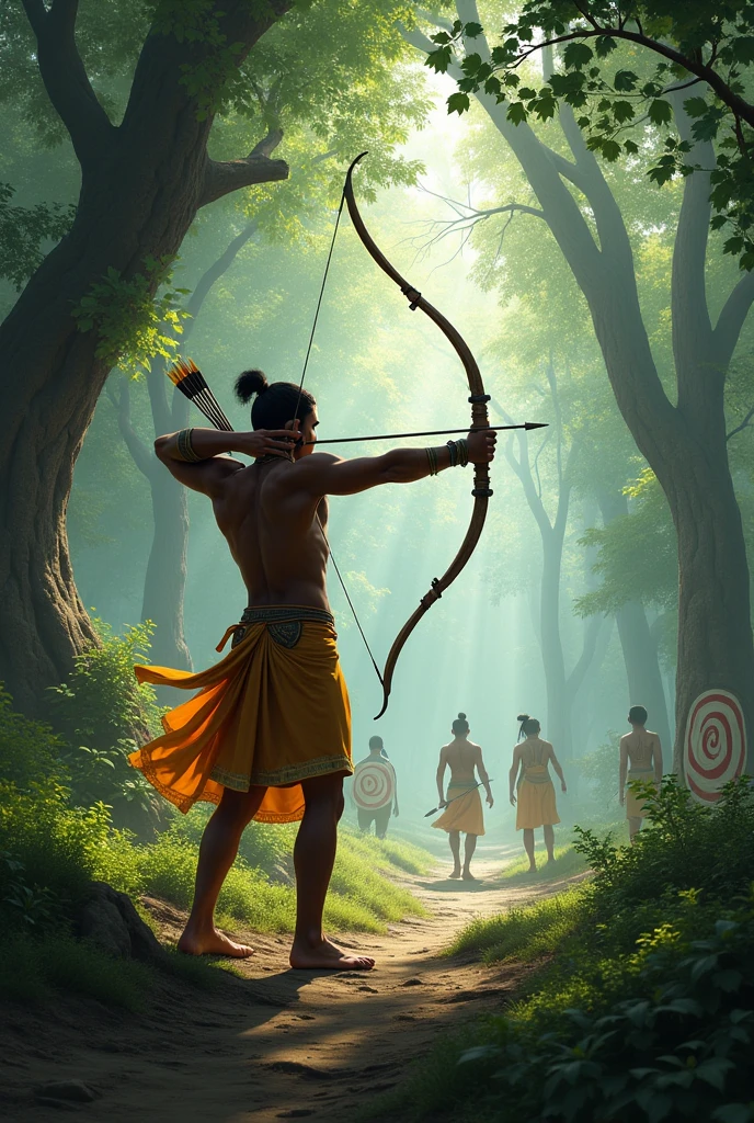 Ekalavya shooting arrows at multiple targets in the forest, hitting them perfectly with remarkable precision.**vhi