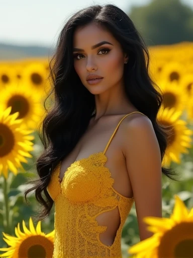 (Masterpiece.Uhd.photorealistic) an ultra hot gorgeous European woman. Age 23. Voluptuous hourglass body. Gorgeous face.epic cleavage ((100 DD SIZE)) Black hair. Black and yellow full lips. Black and yellow sheer lace dress. Pale skin. Smiling, beautiful detailed eyes, beautiful detailed lips, extremely detailed face, long eyelashes, sunflower field, natural lighting, cinematic lighting, highly detailed, 8k, photorealistic, masterpiece, studio lighting, concept art