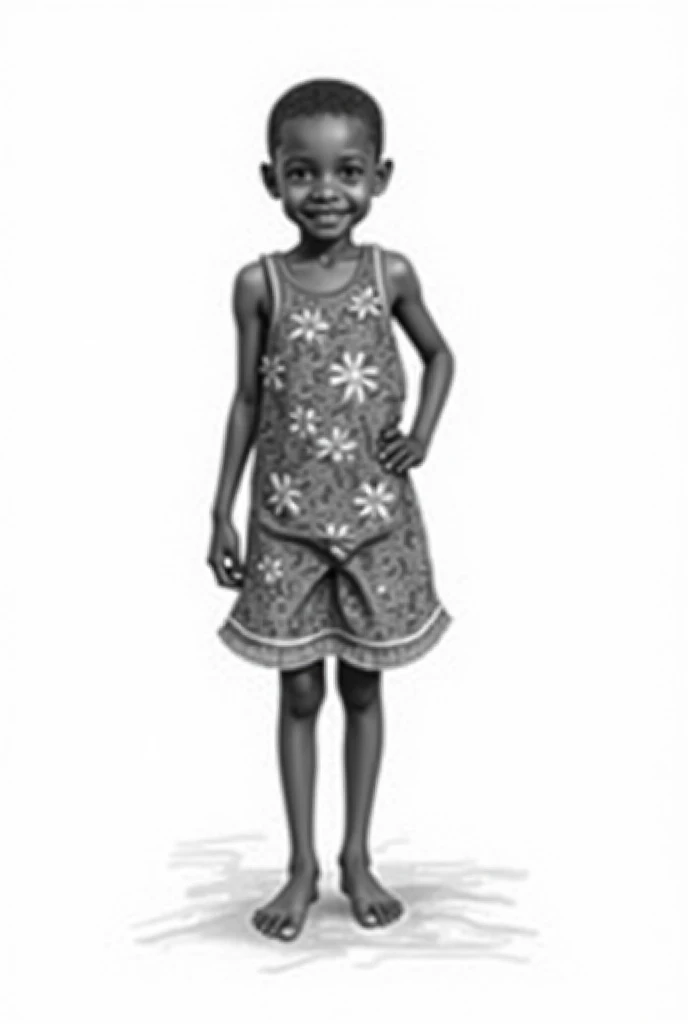 A black and white drawing sketch of  Ghanaian kid with long thin legs and wearing traditional Ghanaian dress
