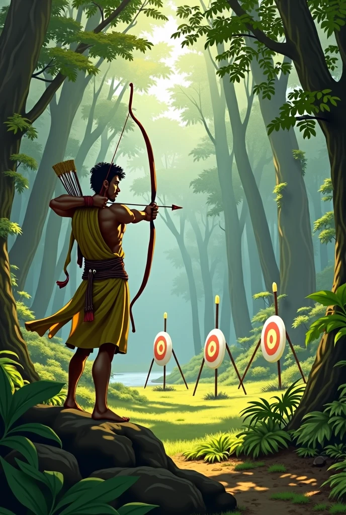 Ekalavya shooting arrows at multiple targets in the forest, hitting them perfectly with remarkable precision.**