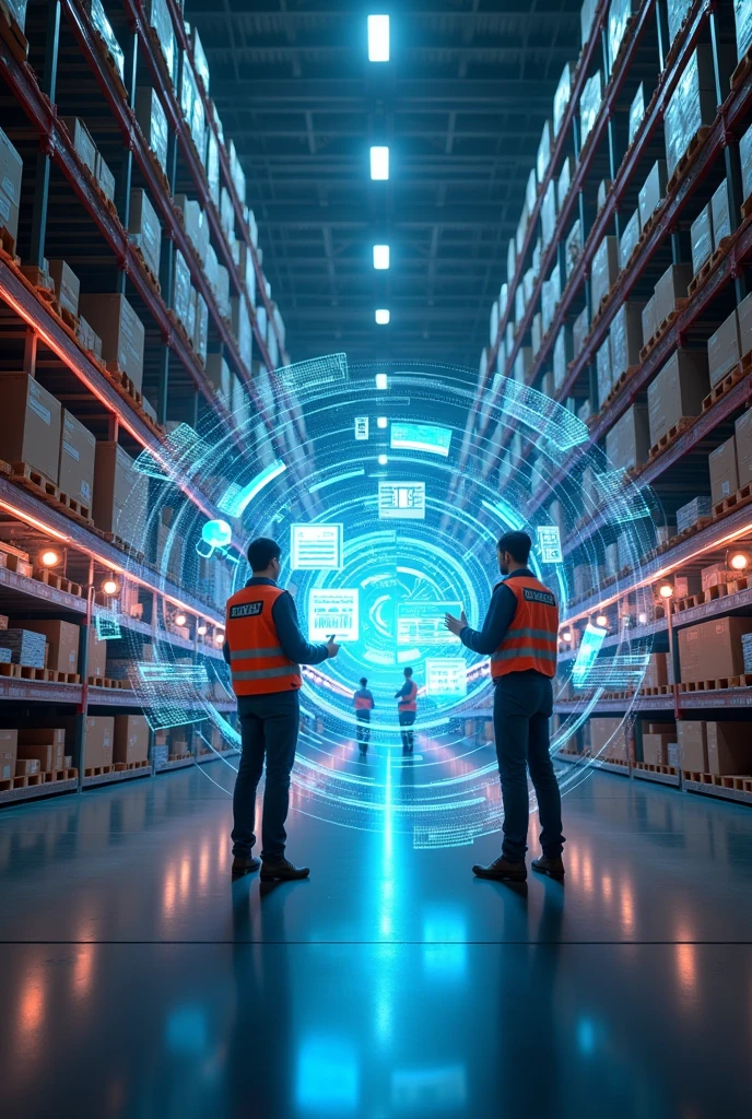 Image of a company's warehouse with advanced warehouse management software using technology and virtual reality and augmented reality