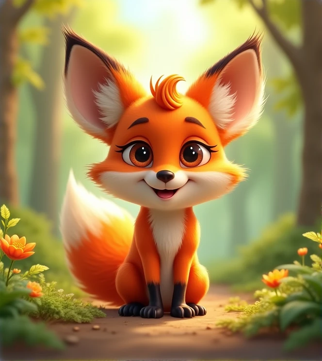 Imagine a lifelike little fox with humorous exaggerated features, oversized, wearing cute clothes, bright eyes and curiosity, smiling, positive image, smiling little fox, Disney style, capturing natural textures, and although its little claws are slightly larger, they are cuter. The background is a simple forest with an emphasis on natural colors and some greenery to create bright colors