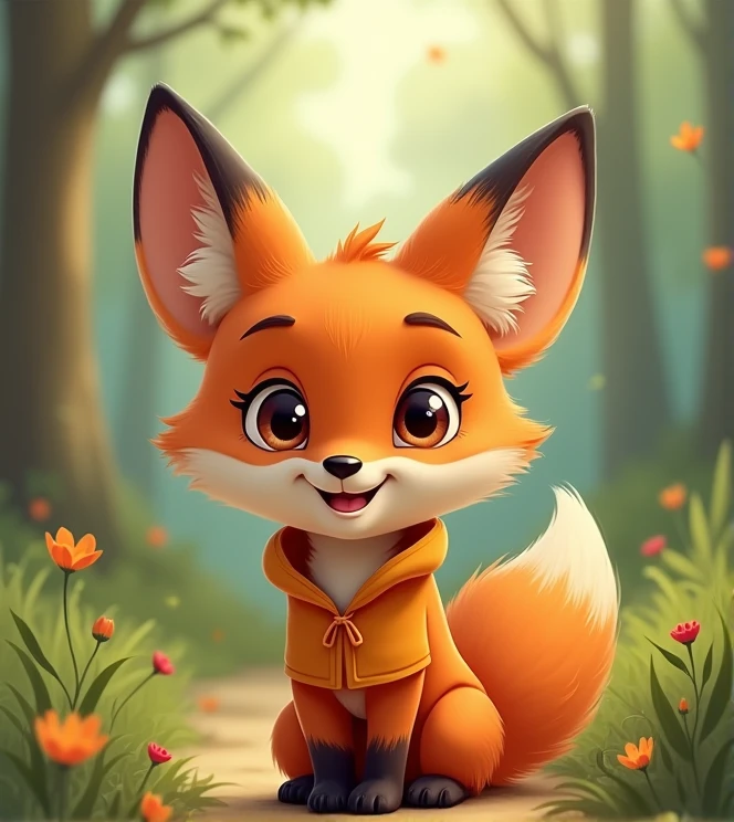 Imagine a lifelike little fox with humorous exaggerated features, oversized, wearing cute clothes, bright eyes and curiosity, smiling, positive image, smiling little fox, Disney style, capturing natural textures, and although its little claws are slightly larger, they are cuter. The background is a simple forest with an emphasis on natural colors and some greenery to create bright colors