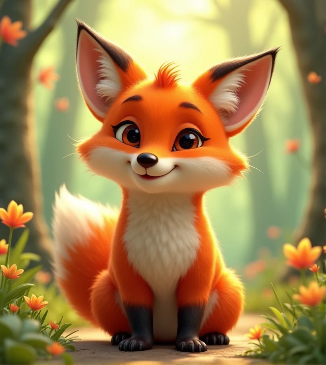 Imagine a lifelike little fox with humorous exaggerated features, oversized, wearing cute clothes, bright eyes and curiosity, smiling, positive image, smiling little fox, Disney style, capturing natural textures, and although its little claws are slightly larger, they are cuter. The background is a simple forest with an emphasis on natural colors and some greenery to create bright colors