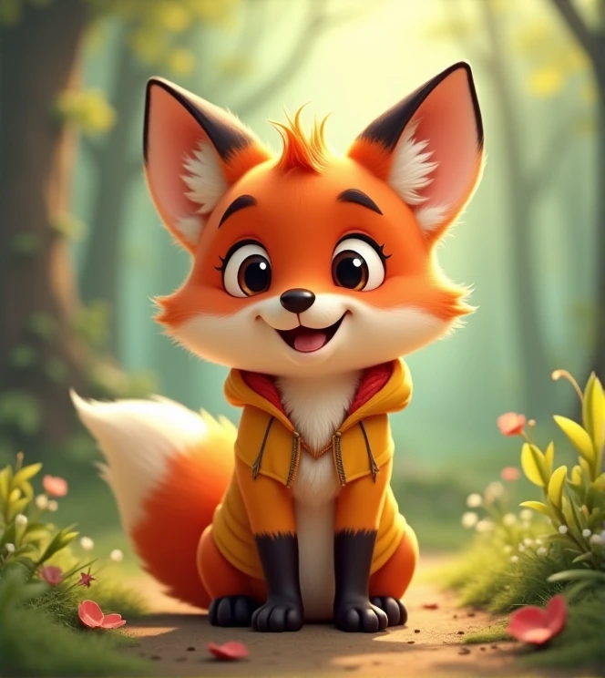 Imagine a lifelike little fox with humorous exaggerated features, oversized, wearing cute clothes, bright eyes and curiosity, smiling, positive image, smiling little fox, Disney style, capturing natural textures, and although its little claws are slightly larger, they are cuter. The background is a simple forest with an emphasis on natural colors and some greenery to create bright colors
