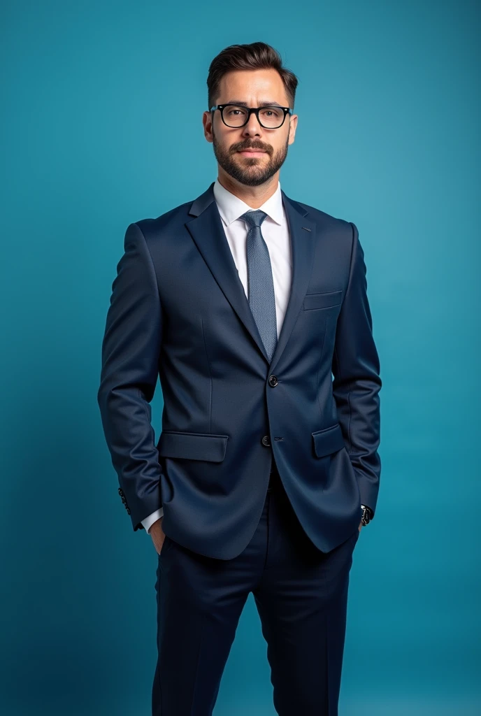 a man in a suit stands in front of camera, wide full body portrait, wearing glasses and suit very smart reading to do business, even studio light, blue backdrop, photorealistic