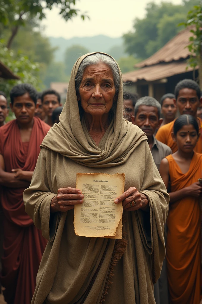 : Meera standing in front of a village, handing over land deeds to her descendants. Photo Description: Old deeds in Meera's hands, expressions of gratitude on the faces of the villagers.  Behind the village atmosphere, the feeling of peace on Meera's face