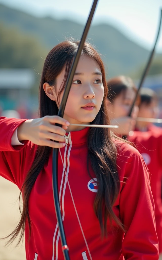 South Korean women&#39;s archery team，Red outfit，Professional equipment，Fully equipped，Olympic competitions，Long hair，full-body shot，Panoramic vistas，Wide-angle lens，18-year-old beauty，Fair skin，Charming，beauty，cute，Olympic Games finals as background
