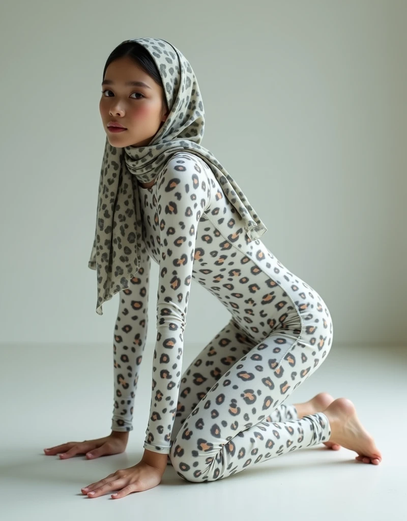 a beautiful and thin malaysian muslim ager girl wears white clouded leopard print lycra turtleneck unitard catsuit and always wear clouded leopard print lycra dancewear hijab.She is crawling.