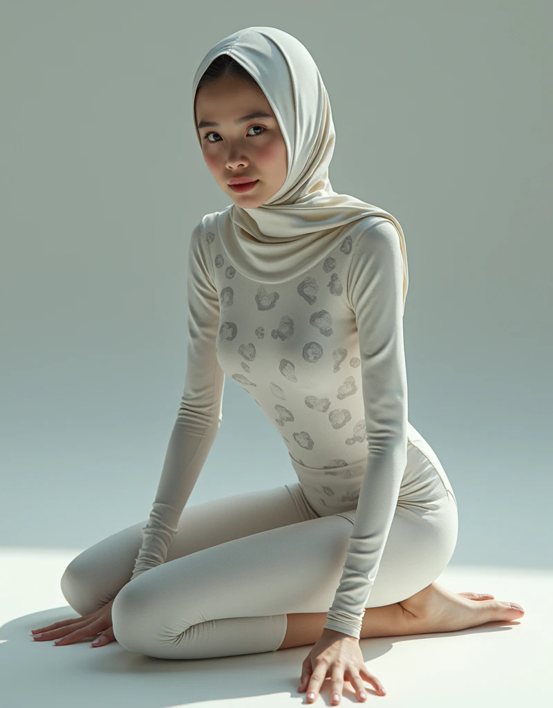 a beautiful and thin malaysian muslim teenager girl wears white clouded leopard print lycra turtleneck unitard catsuit and always wear clouded leopard print lycra dancewear hijab.She is crawling.