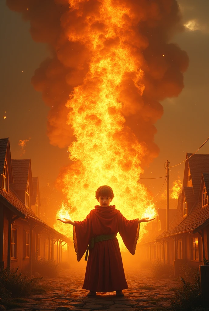 A little wizard casting a fire ball spell and Burn whole village