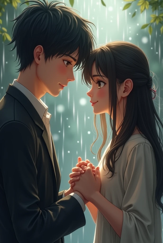 Confession of Love:
Scene: Ākāś confessing his feelings to Sākṣī.
Prompt: "A tender moment where a boy is holding a girl’s hand and looking deeply into her eyes. The girl has tears of joy and a warm smile, while the rain continues to fall around them."