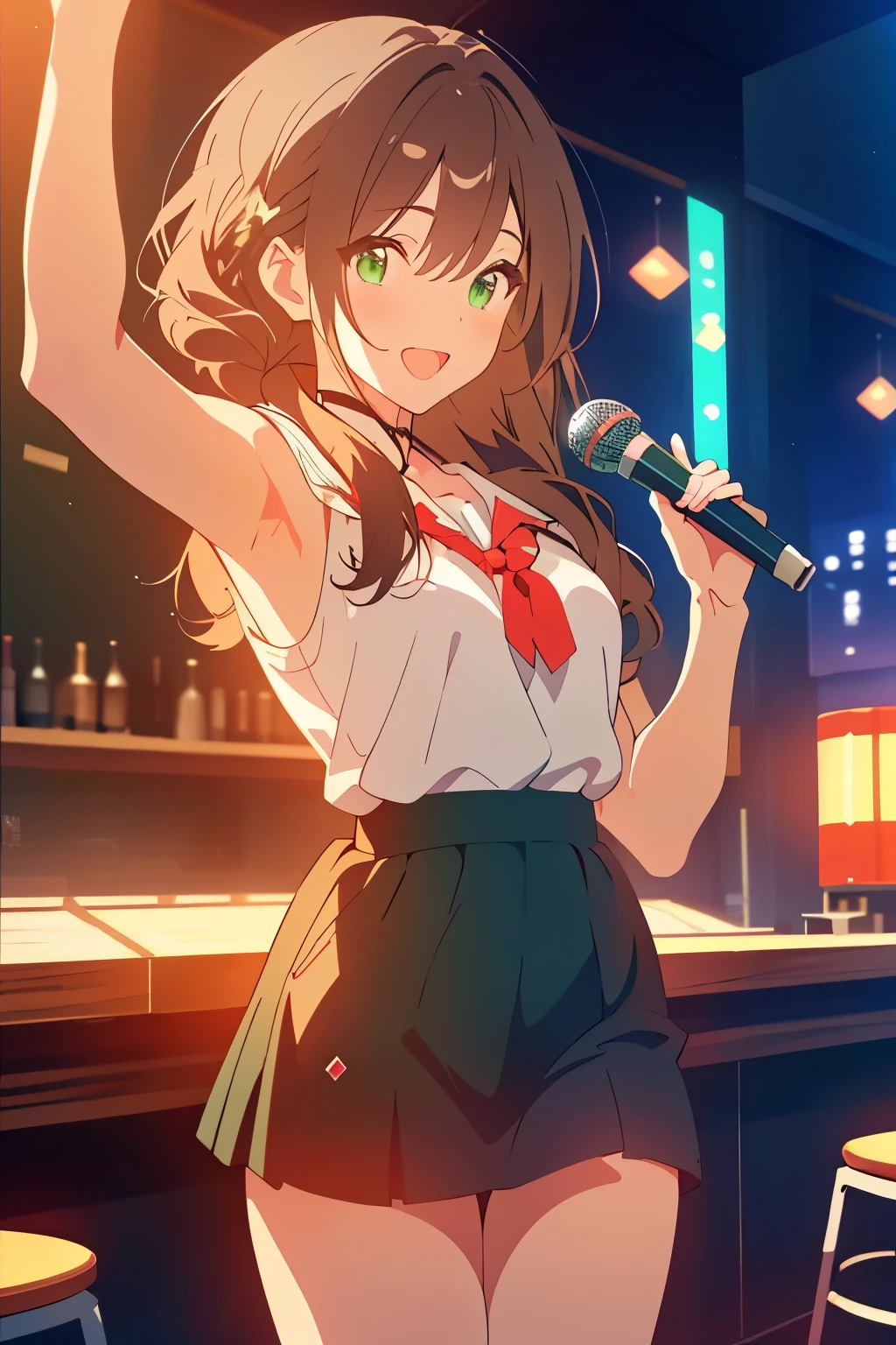 ((masterpiece, Highest quality, High resolution, 超High resolution, Pixel perfect, Written boundary depth, 4K, RTTX 10.0, High resolution))), 1 person, single, alone, Beautiful Anime, Beautiful art style, Anime characters, ((Shortcuts, bangs, Dark brown hair)), ((Green Eyes:1.4, Round eyes, Beautiful eyelashes, current eyes)), ((Smooth texture:0.75, Anime CG style)), ((Dynamic Angle, close)), Perfect body, (cute), Normal chest, whole body, ((4K, 8k, Highest quality, Perfect Fingers: 1.3, Perfect Anatomy: 1.3, Background Blur)), whole bodyアングル, Illustration of a person singing karaoke, Characters in casual clothes、With a microphone in his hand、Singing happily, her face is lively, In the background is the bright lights of a karaoke room., Drinks and snacks are on the table
