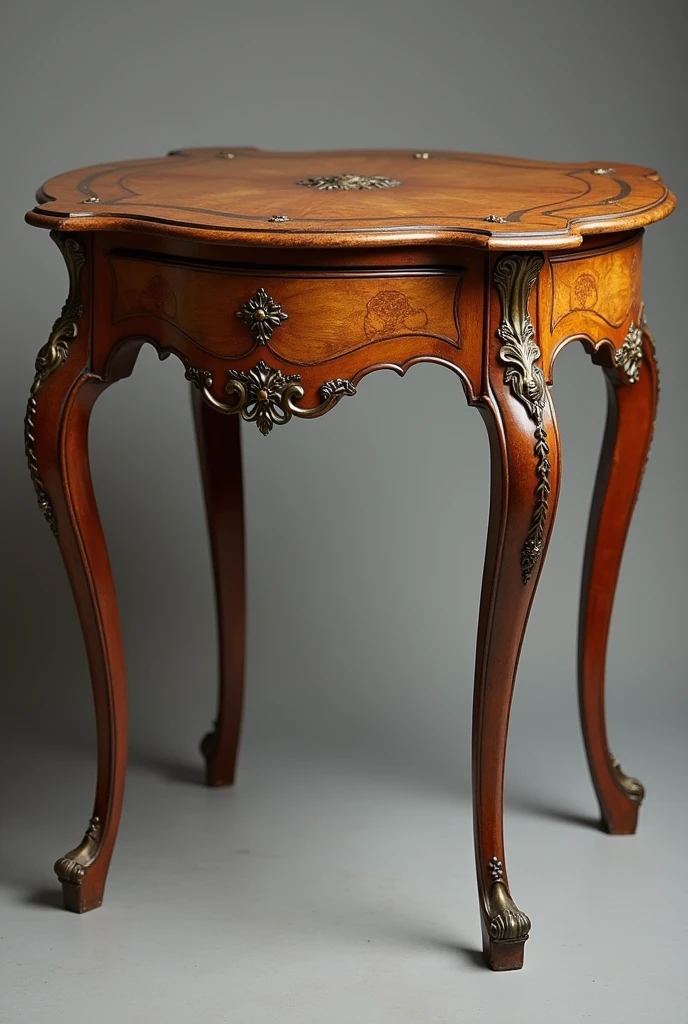 Design a vintage arche table that captures the charm and elegance of a bygone era. The table should have a sturdy wooden frame, with a rich, distressed finish that reveals the wood's natural grain and history. The tabletop could feature intricate inlays or a slightly worn patina, suggesting years of use and care. The legs should be gracefully turned or cabriole-shaped, with ornate carvings or fluted details, inspired by 18th or 19th-century designs. Consider adding subtle details like brass or bronze accents, such as drawer pulls or corner brackets, to enhance the antique feel. The overall design should evoke a sense of nostalgia and timelessness, making it a perfect piece for a cozy, vintage-inspired living or dining space