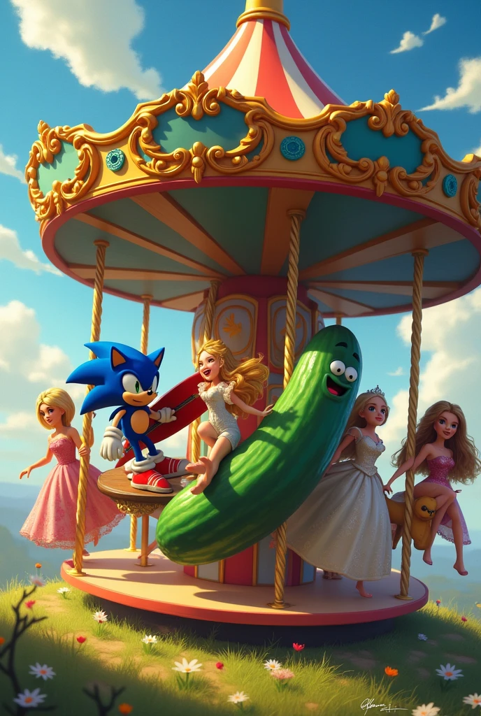 Magic Carousel, Although, instead of horses there will be, respectively, these characters: A surfer, a cucumber, O Sonic, a princess and Barbie