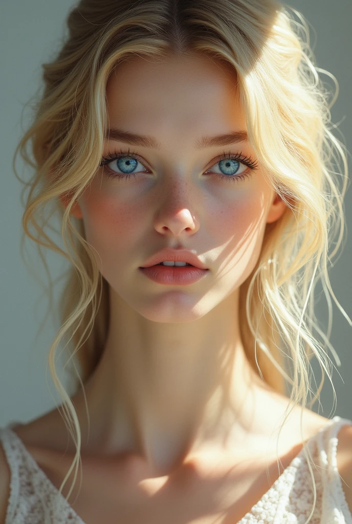 Blonde woman blue eyes thin face 