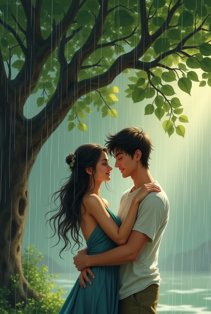 New Beginning:
Scene: Sākṣī and Ākāś embracing each other, marking the beginning of their love.
Prompt: "A romantic embrace between a girl and a boy under the Peepal tree in the rain. Their expressions are filled with love and happiness, with the rain adding a magical touch."