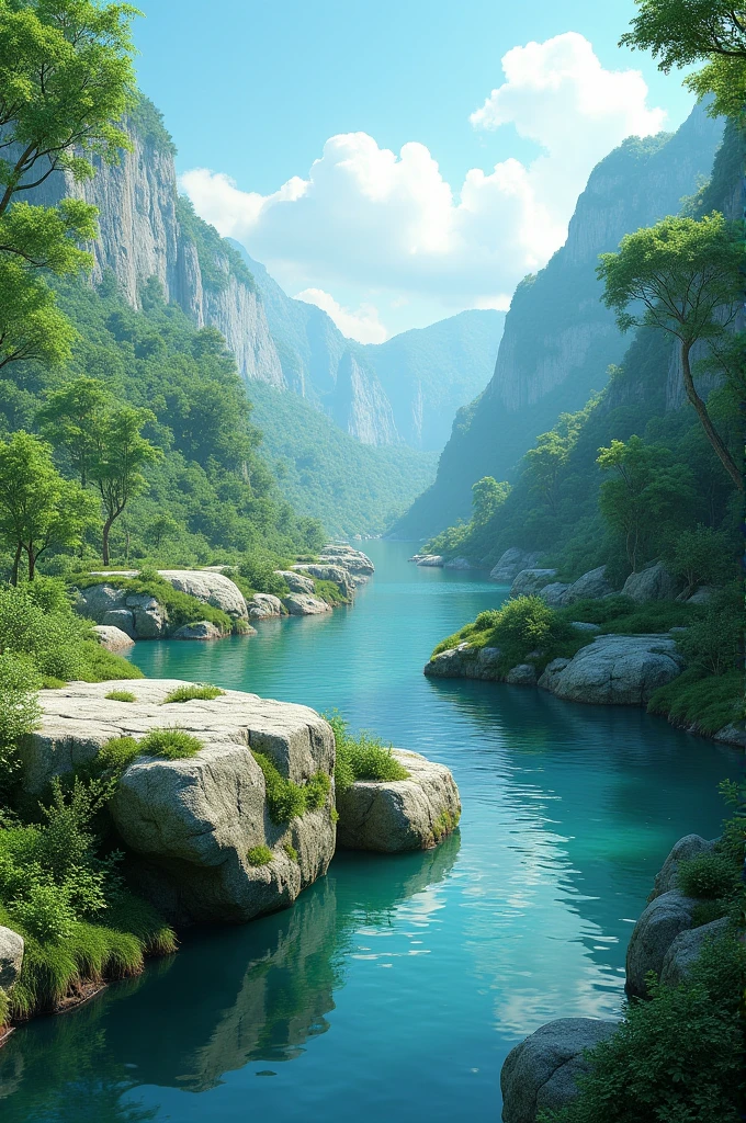 A deep river that runs through lush green nature. There are large rocks in the river where you can sit. The sky is blue.