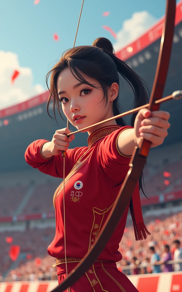 Korean women&#39;s archery，Red outfit，Olympic Games finals as background
