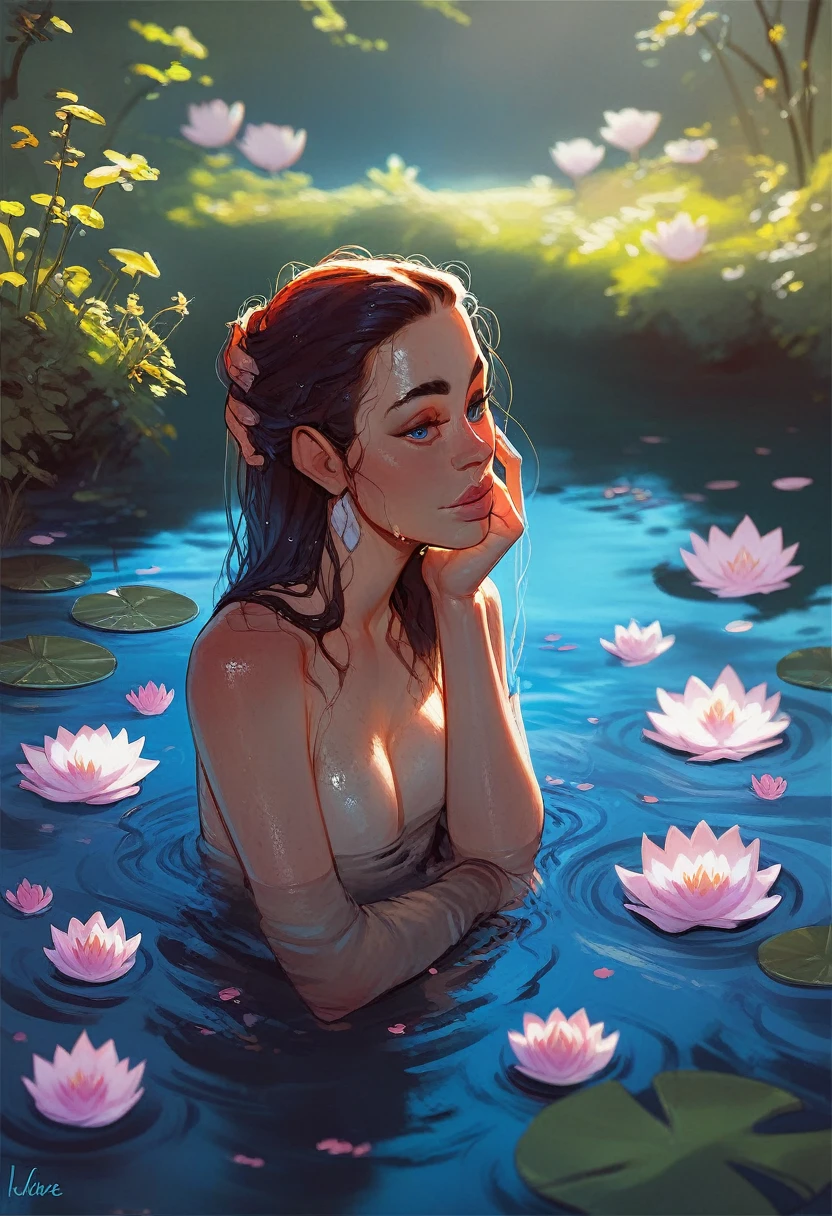score_9, score_8_up, score_8, score_7_up, score_7, score_6_up, score_6, score_5_up, Score_5, rating_questionable, sexy girl, emerging from water, beautiful eyes, wet hair, lotus, in water, detailed, aesthetic, submerged, adjusting hair, posing