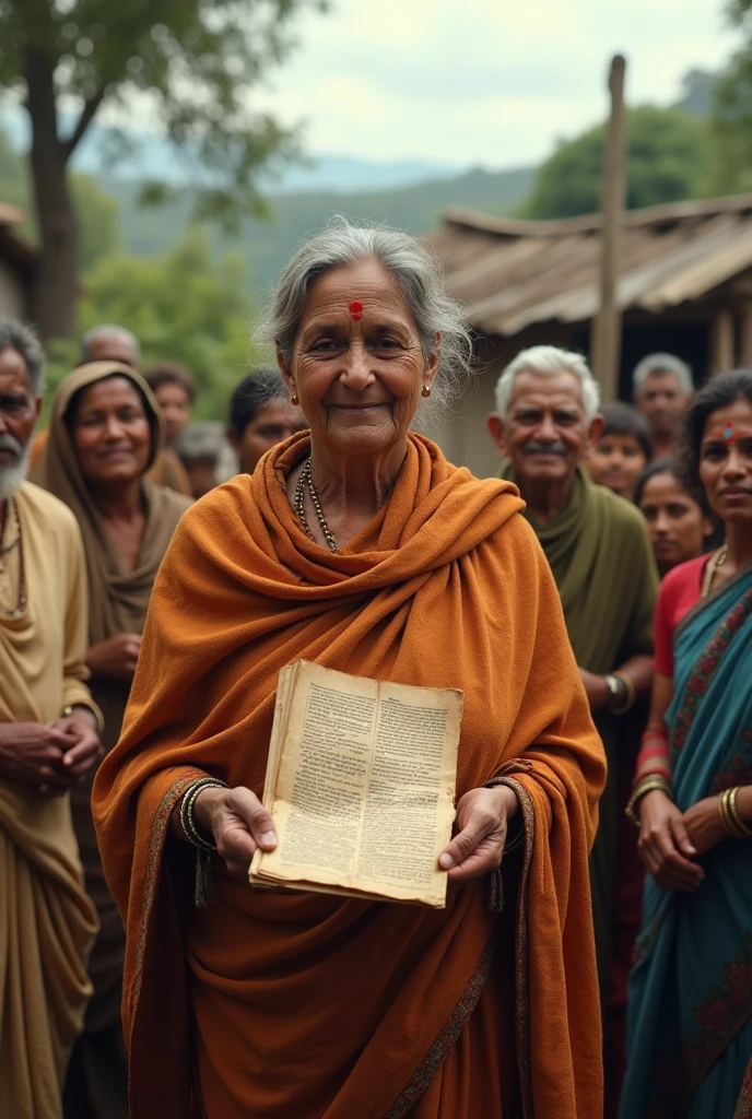 : Meera standing in front of a village, handing over land deeds to her descendants. Photo Description: Old deeds in Meera's hands, expressions of gratitude on the faces of the villagers. Behind the village atmosphere, the feeling of peace on Meera's face