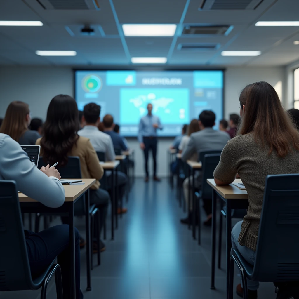 Real people sitting in a class looking at a screen
