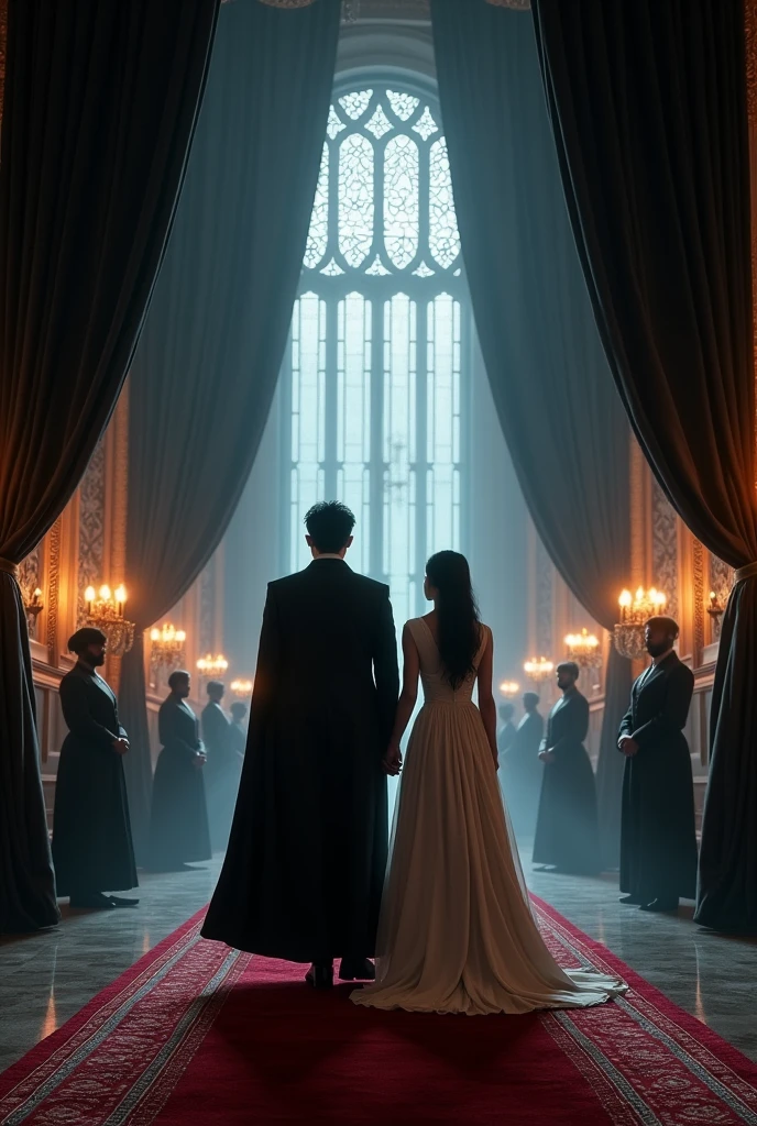 Vimpire king jeon junkook and pretty an innocent beautiful girl entering in the big castle. Castle is dark but beautiful, black beautiful curtains, candles, red beautiful carpets and many servents standing on both sides. 