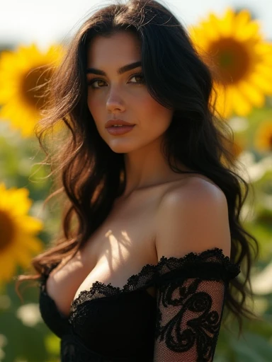 (Masterpiece.Uhd.photorealistic) an ultra hot gorgeous European woman. Age 23. Voluptuous hourglass body. Gorgeous face.epic cleavage ((100 DD SIZE)) Black messy hair. Black full lips. Black sheer lace dress. Pale skin. Smiling, beautiful detailed eyes, beautiful detailed lips, extremely detailed face, long eyelashes, sunflower field, natural lighting, cinematic lighting, highly detailed, 8k, photorealistic, masterpiece, studio lighting, concept art