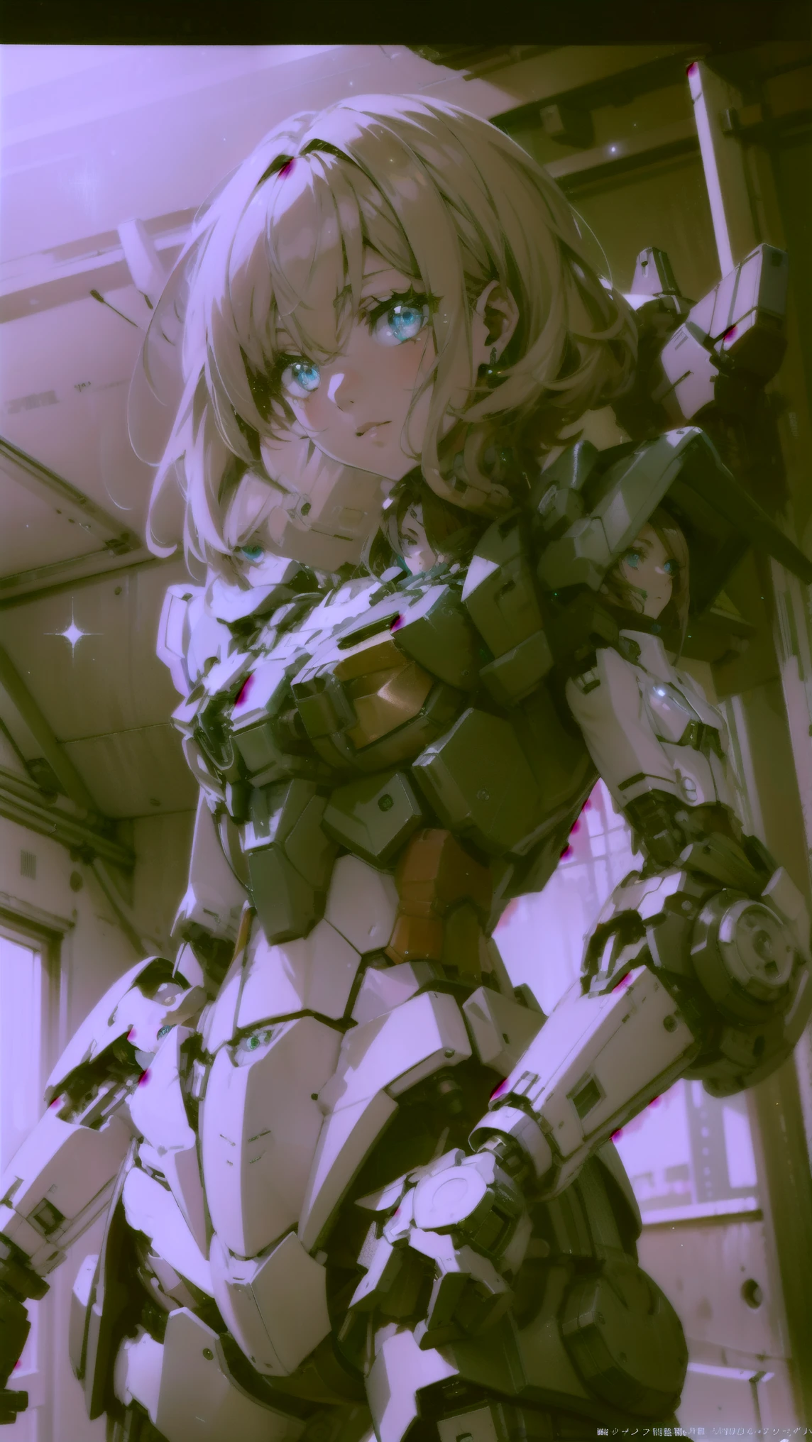 ((masterpiece)), ((best quality)), perfect detailed eyes, perfect detailed face, light brown hair, hair over shoulder, anime style, Surrealism, sparkle, cinematic lighting, A beautiful woman with a Gundam-style mechanical body, Mechanical limbs, sci-fi anime, Robot Woman, Colorful rays on background, Composition (cowboy shot)