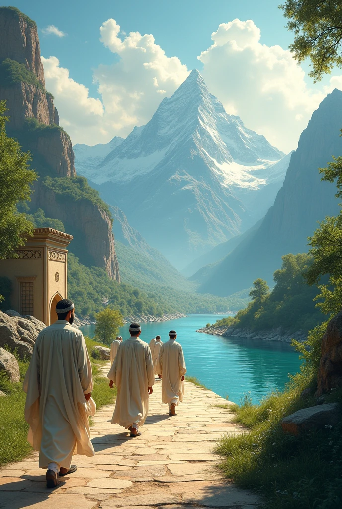 Islamic photo named Path to peace, men walking towards River and mountain