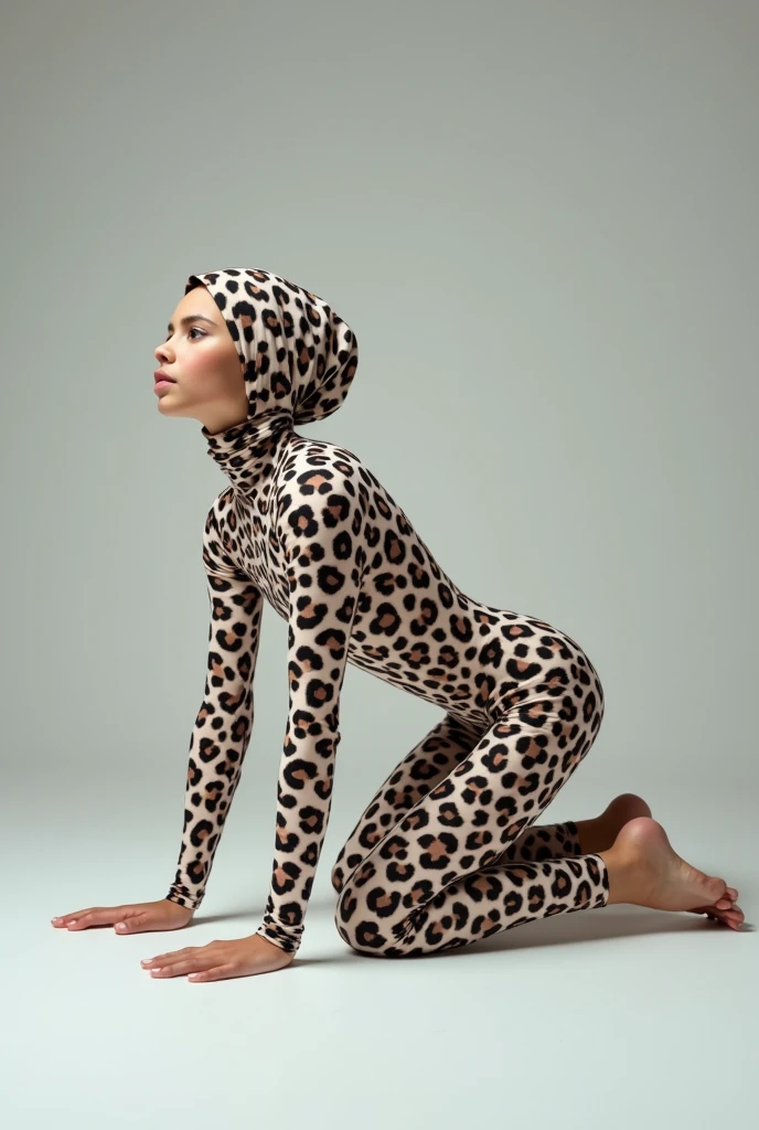 a beautiful and thin malaysian muslim ager girl wears white clouded leopard print lycra turtleneck unitard catsuit covered with leopard spots and always wear clouded leopard print lycra dancewear hijab covered with leopard spots.She is crawling.