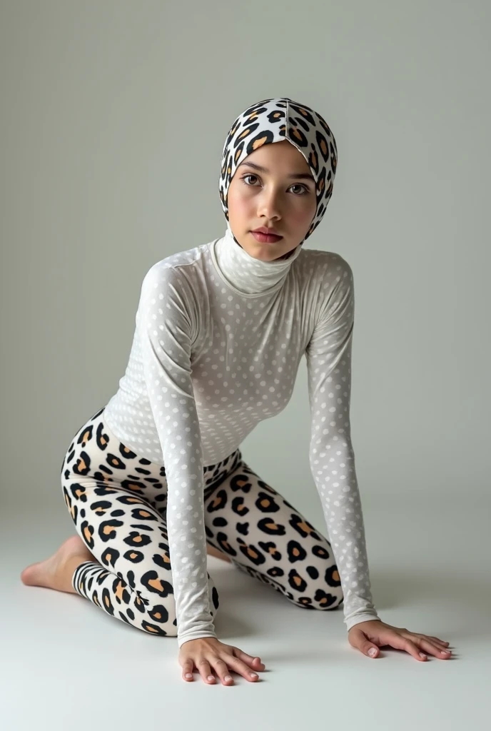 a beautiful and thin malaysian muslim ager girl wears white clouded leopard print lycra turtleneck unitard catsuit covered with leopard spots and always wear clouded leopard print lycra dancewear hijab covered with leopard spots.She is crawling.