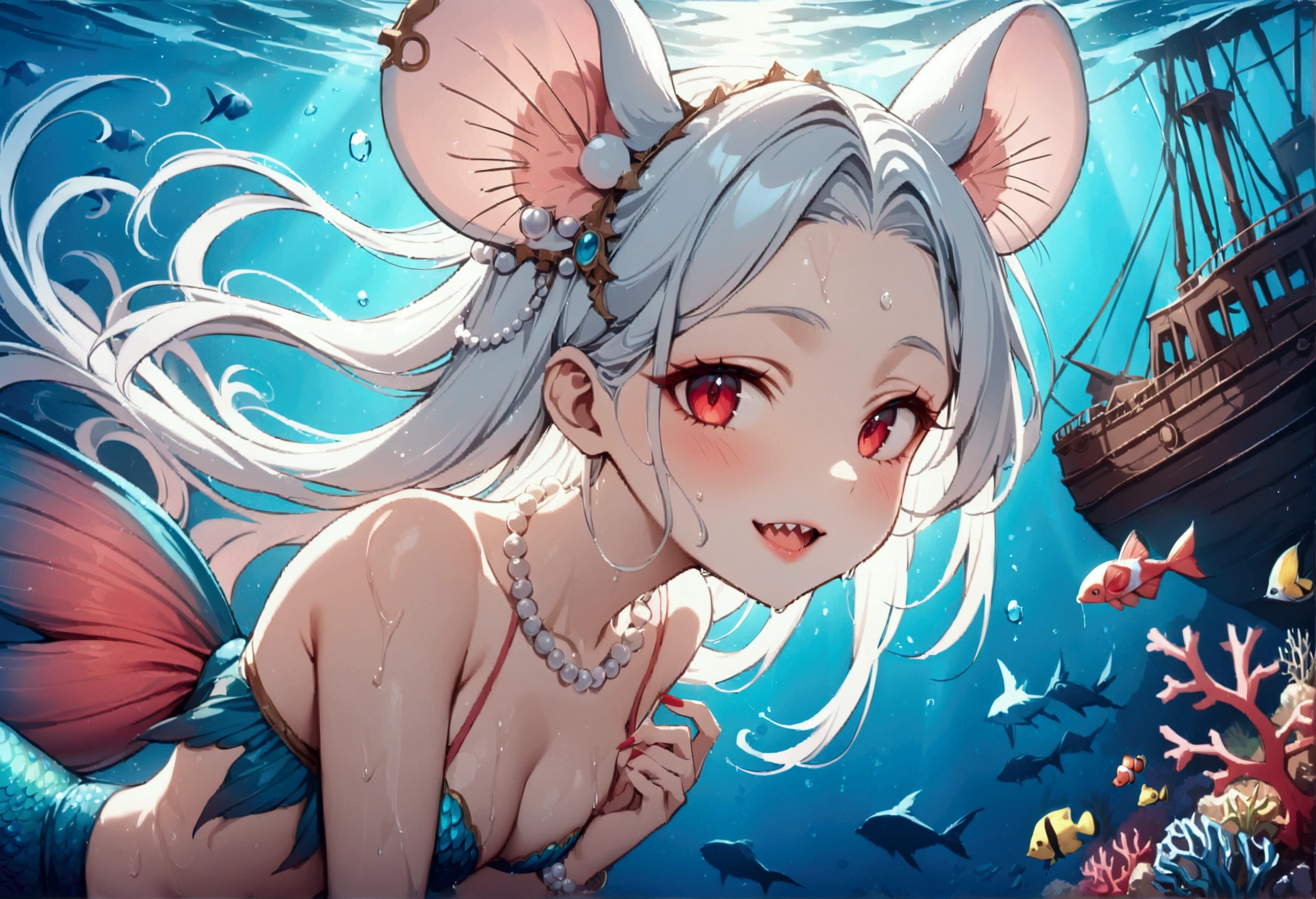 (best quality,4k,8k,highres,masterpiece:1.2),ultra-detailed, Pretty anthropomorphic albino mouse girl magically transformed into a beautiful mermaid, race swap, fantastic transformation, sharp teeth, beautifully detailed lips with lipstick, she’s is smiling, drawn in anime style, steampunk, fishlike, wet body, very long curly white hair, red eyes with long eyelashes, white fur, slim body, red manicured nails, whiskers, mouse ears with pearls attached on them, long mermaid tail below waistline with shimmering cyan fish scales, pelvic and dorsal fins, a pair of fish gills on her torso, seashell bra, pearl bracelets, pearl necklace, joyful expression, playful mermaid poses, sparkling water, water reflections, ethereal atmosphere, subtle glow, whimsical and enchanting, checking her new body, underwater world, colorful coral reef, magical underwater lighting, vivid colors, breathing underwater, endless ocean depths, sunlight filtering through the water, Highly detailed, masterpiece, high quality, 4K.