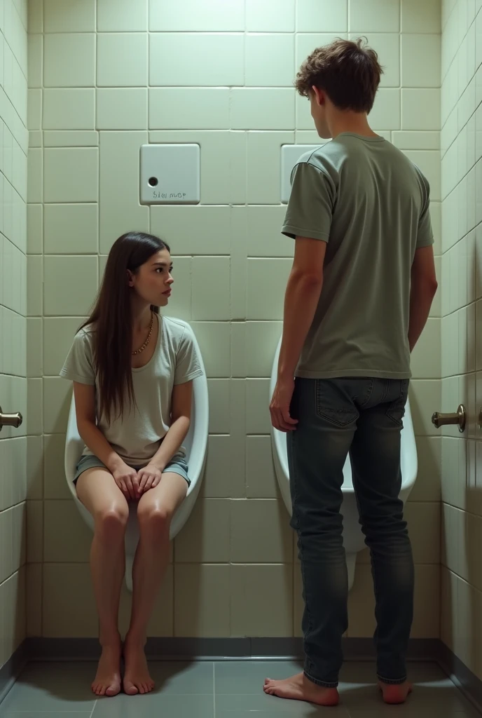 a beautiful teenage girl is in the boy's bathroom, sitting in a urinal peeing, awkward position ( while a random teenage boy is peeing beside her( standing) in a another urinal) photorealistic, extremely detailed, 8k